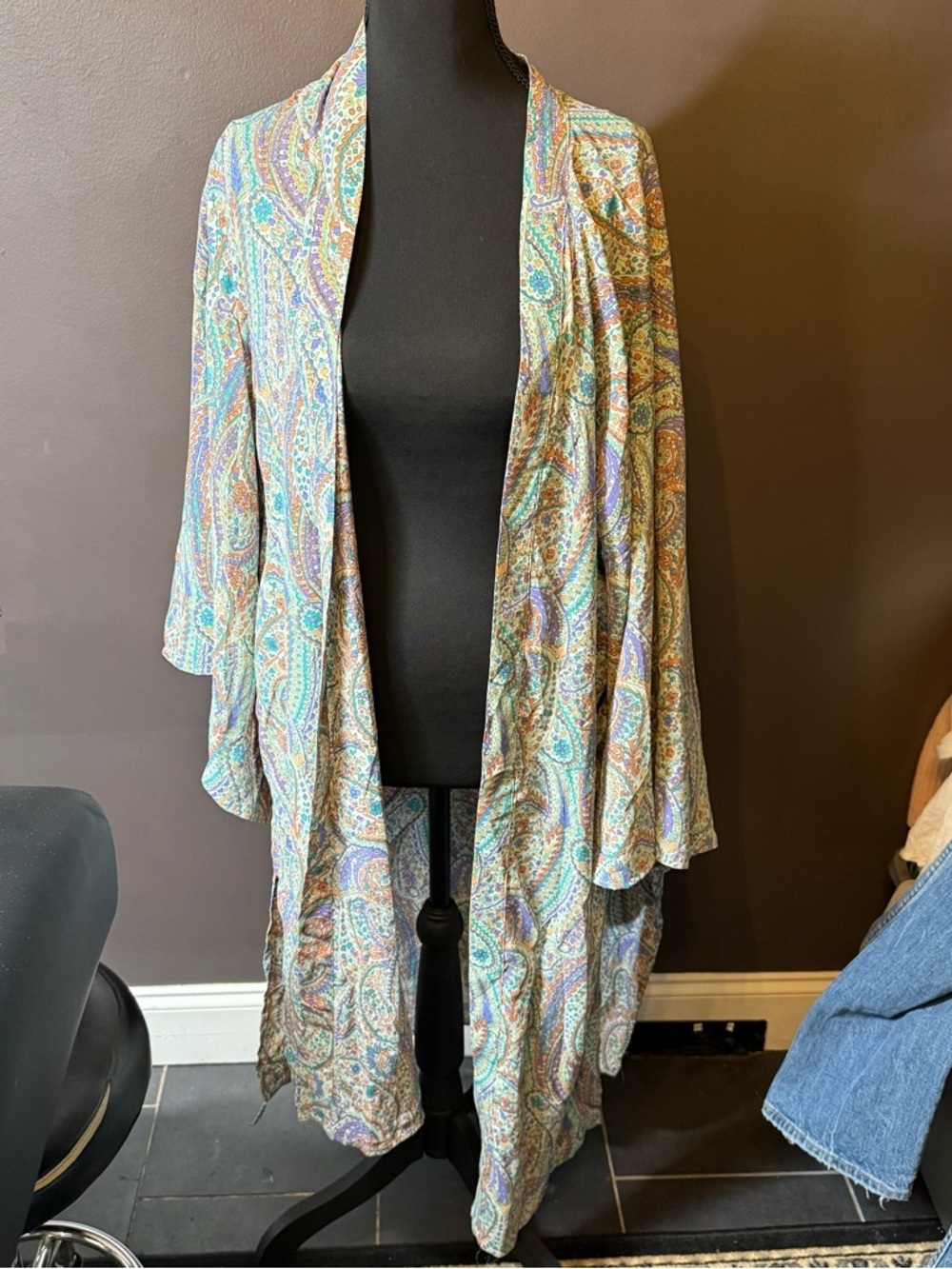 Lightweight Paisley Draped Open-Front Blouse in Teal, Lavender & Cream